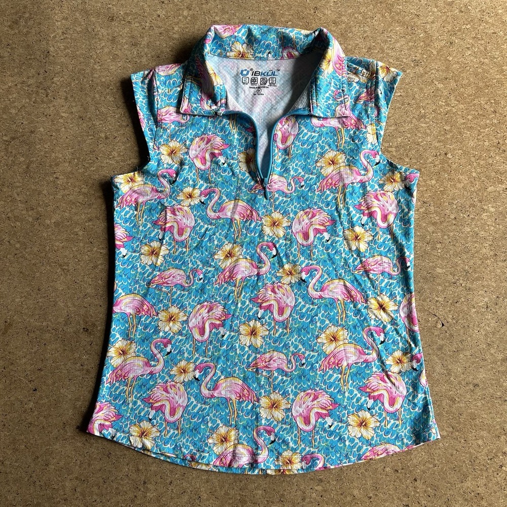 IBKUL turquoise pink flamingo floral 1/4 zip UPF50 tennis golf shirt M cooling